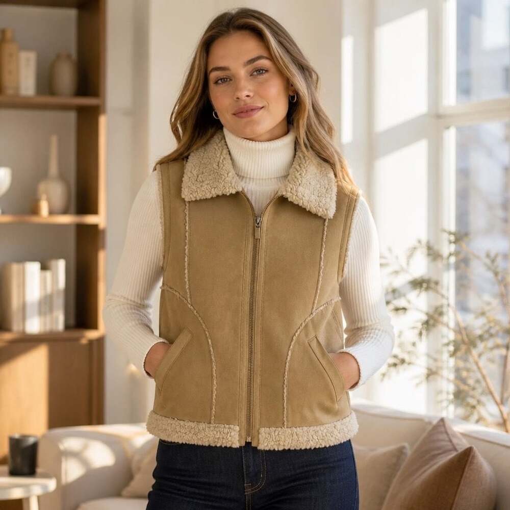 Maurices Women's Faux Suede Sherpa Lined Full Zip Vest Tan Size L